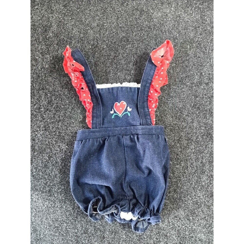 Vintage 80s Healthtex Denim Bubble Romper Heart Embroidery and Red Ruffle 12mth